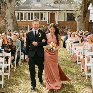 Revelry Everly Satin Dress in desert rose - floor length bridesmaid gown